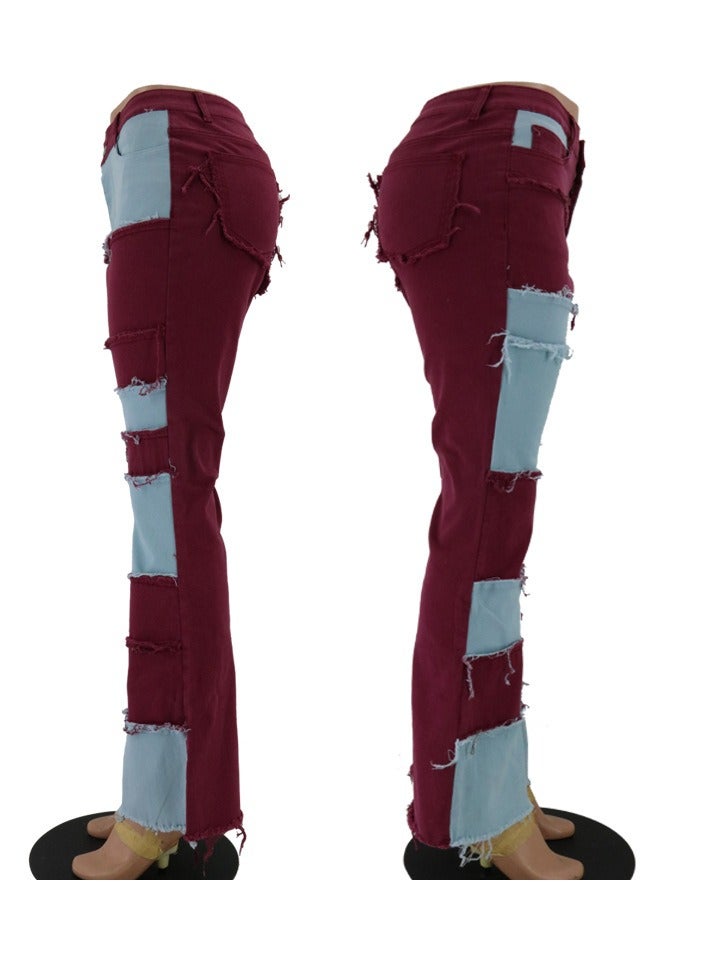Loquat Stylish Contrast Patchwork High-rise Tight Hip Flared Women's Denim Trousers - Image 2