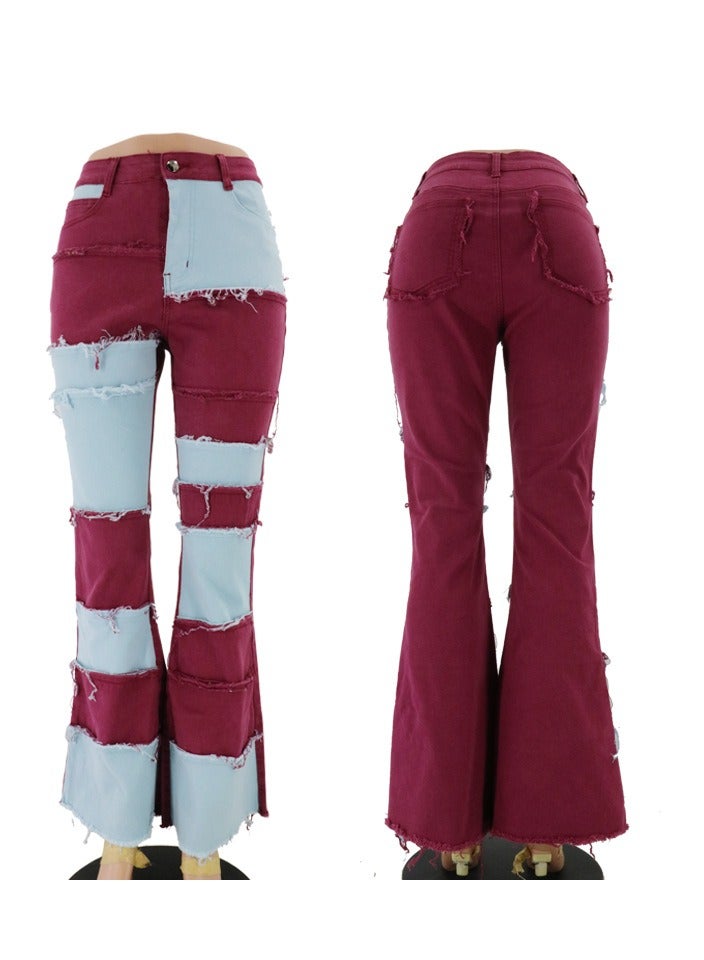 Loquat Stylish Contrast Patchwork High-rise Tight Hip Flared Women's Denim Trousers - Image 1