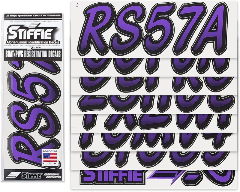 Stiffie Whipline Purple/Black 3" Boat & PWC Registration Decals • Numbers Letters Stickers - Image 2
