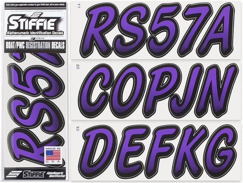 Stiffie Whipline Purple/Black 3" Boat & PWC Registration Decals • Numbers Letters Stickers - Image 1
