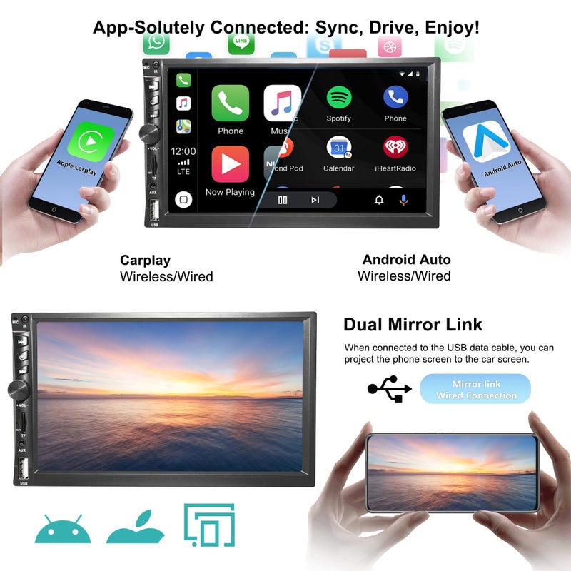 Emeito Upgrade Wireless 7" Double Din Car Stereo with Apple CarPlay Android Auto 178 * 102mm,Touchscreen Car Play Radio for Car,Screen for Bluetooth 5.0, Weatherproof Backup Camera,FM,AUX,Card Slot,USB,SWC - Image 2