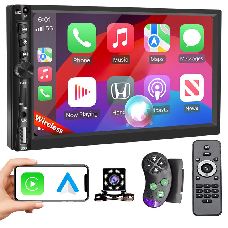 Emeito Upgrade Wireless 7" Double Din Car Stereo with Apple CarPlay Android Auto 178 * 102mm,Touchscreen Car Play Radio for Car,Screen for Bluetooth 5.0, Weatherproof Backup Camera,FM,AUX,Card Slot,USB,SWC - Image 1
