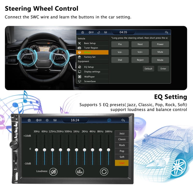 Emeito Upgrade Wireless 7" Double Din Car Stereo with Apple CarPlay Android Auto 178 * 102mm,Touchscreen Car Play Radio for Car,Screen for Bluetooth 5.0, Weatherproof Backup Camera,FM,AUX,Card Slot,USB,SWC - Image 4
