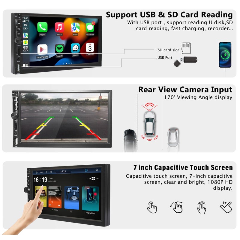 Emeito Upgrade Wireless 7" Double Din Car Stereo with Apple CarPlay Android Auto 178 * 102mm,Touchscreen Car Play Radio for Car,Screen for Bluetooth 5.0, Weatherproof Backup Camera,FM,AUX,Card Slot,USB,SWC - Image 5