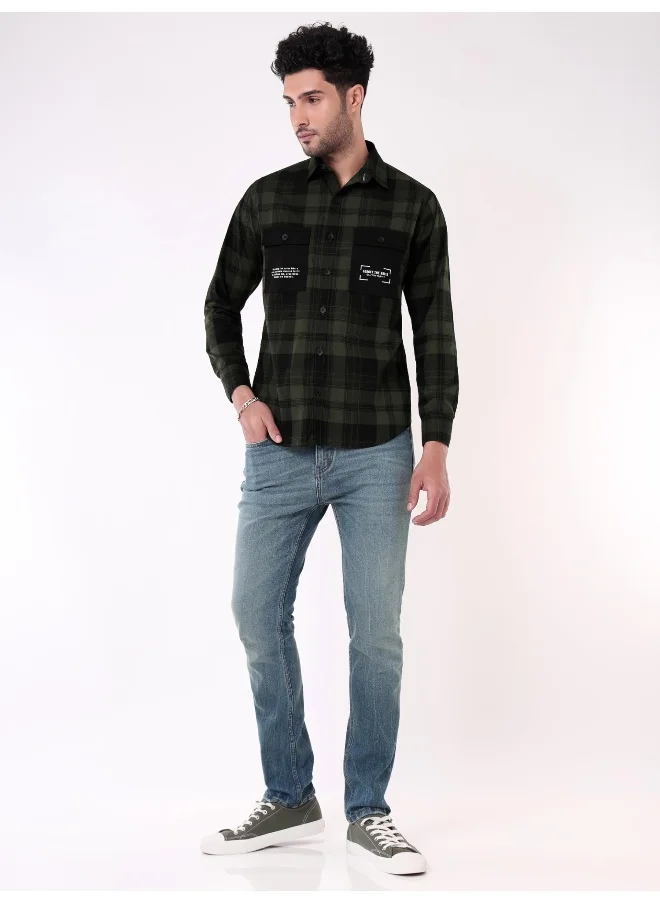 بيونغ Dual Pocket Jade Green Checked Shirts for Men