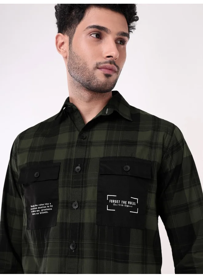 Beyoung Dual Pocket Jade Green Checked Shirts for Men