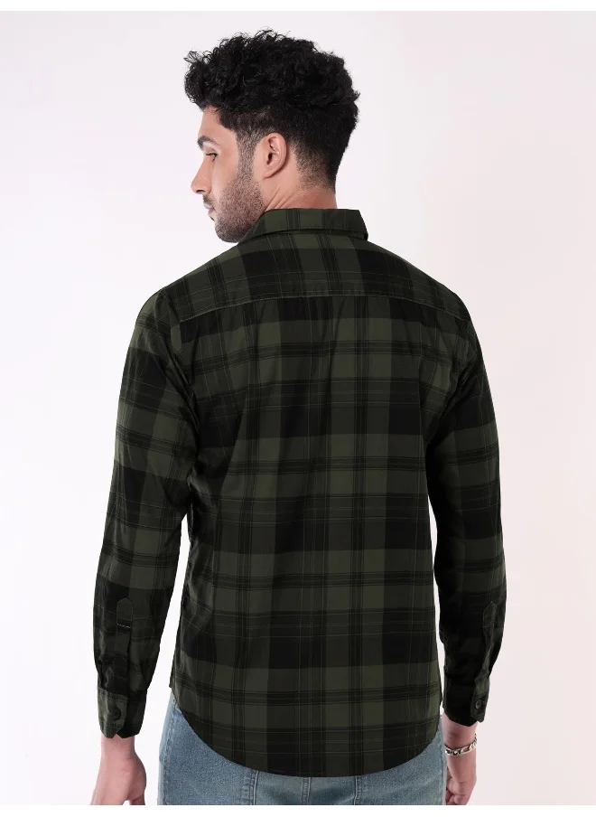 Beyoung Dual Pocket Jade Green Checked Shirts for Men