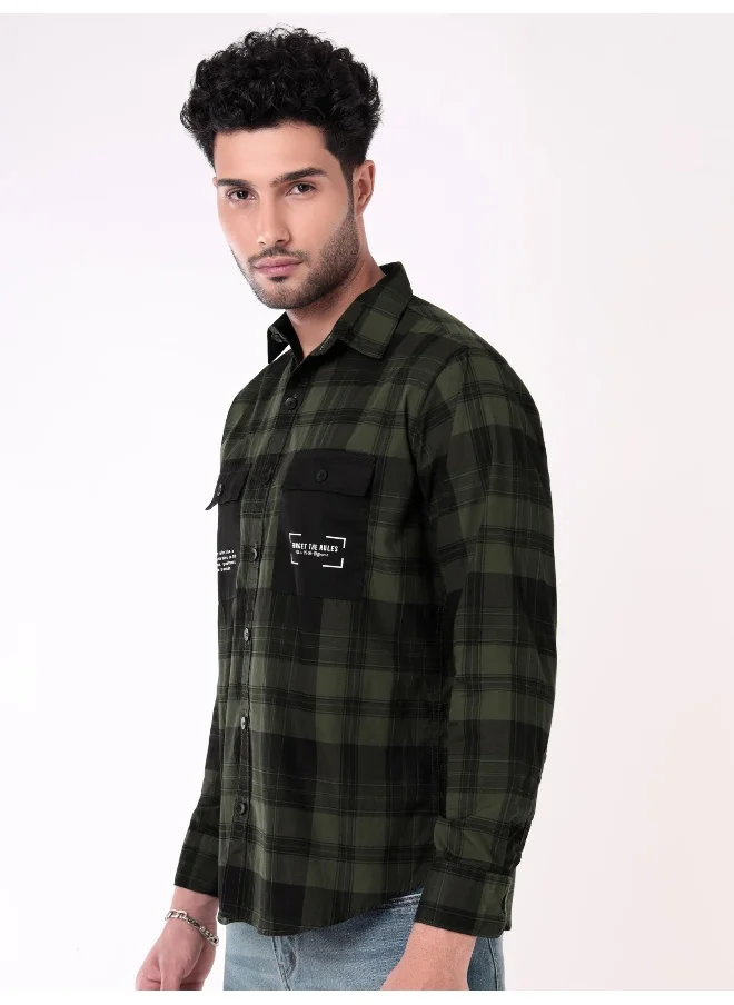 Beyoung Dual Pocket Jade Green Checked Shirts for Men