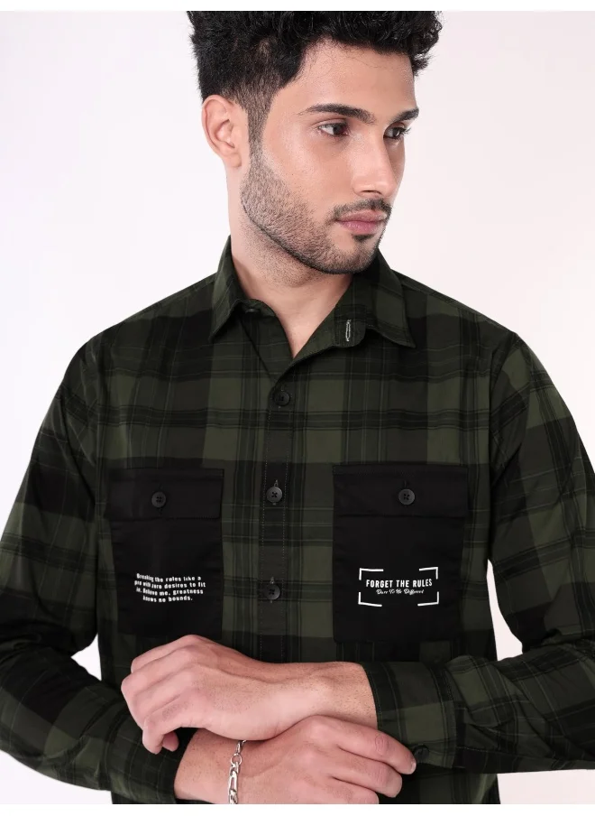 Beyoung Dual Pocket Jade Green Checked Shirts for Men