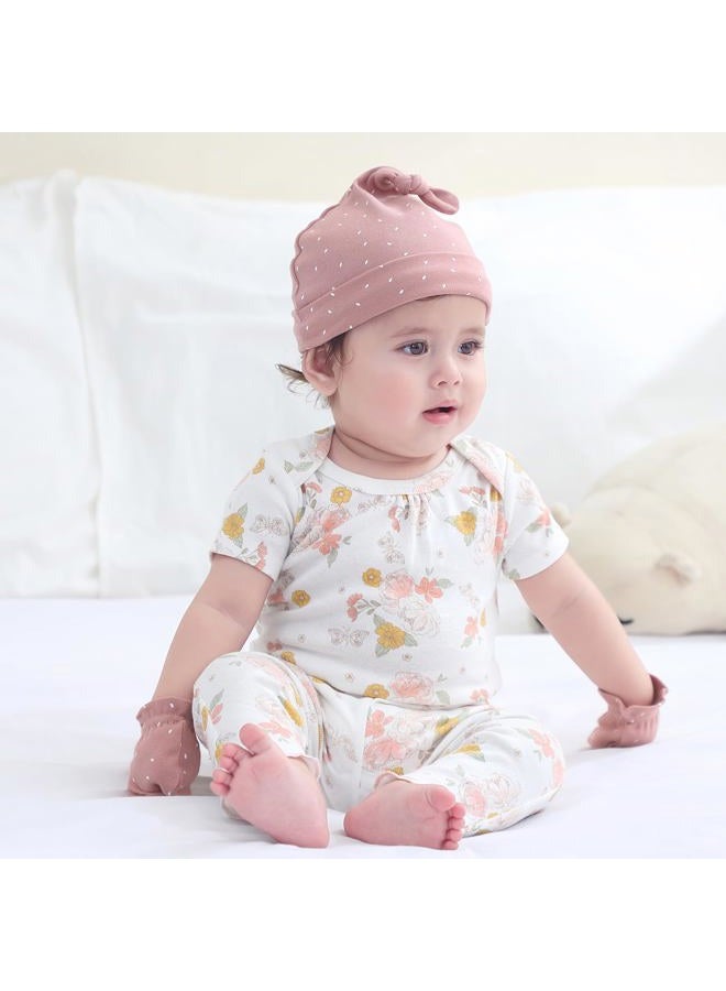 Ruliby Baby Hats Mittens and Socks Set Cotton Newborn Hat Beanie Soft Infant Girls Boys Caps Gloves 0-6 month, Strawberry Accessory Set 3 + Pink Terry Socks, 0-6 Months - Image 4