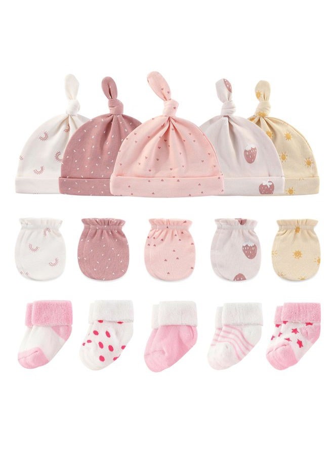 Ruliby Baby Hats Mittens and Socks Set Cotton Newborn Hat Beanie Soft Infant Girls Boys Caps Gloves 0-6 month, Strawberry Accessory Set 3 + Pink Terry Socks, 0-6 Months - Image 1