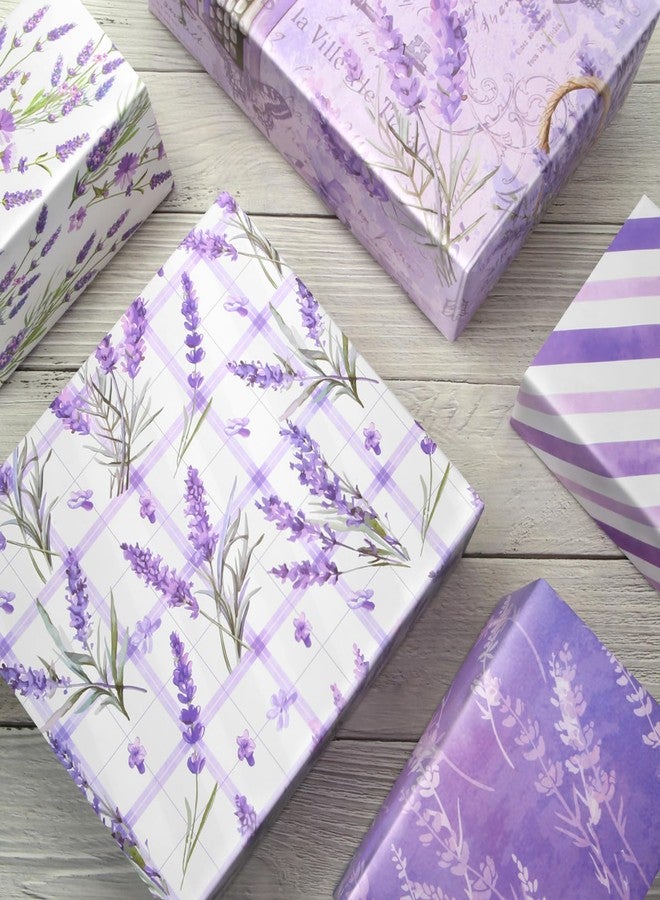 Unigift Purple Lavender Gift Wrapping Paper,6 Folded Flat Flower Butterfly Gift Wrap Paper Floral Stripes Wrapping Paper with Ribbon for Kids Bridal Shower Wedding Birthday Party Gift Wrap,20x28 inch - Image 5