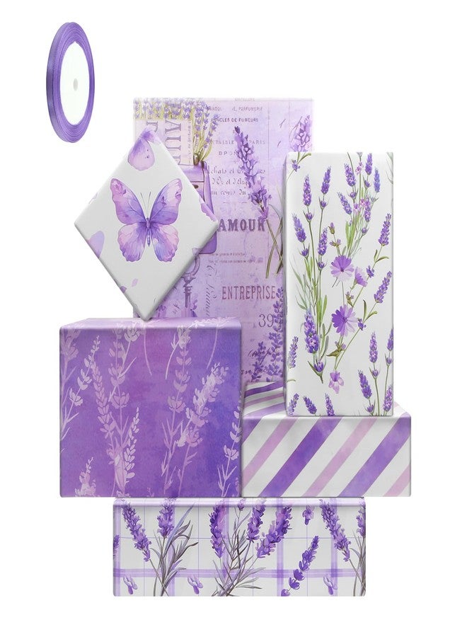 Unigift Purple Lavender Gift Wrapping Paper,6 Folded Flat Flower Butterfly Gift Wrap Paper Floral Stripes Wrapping Paper with Ribbon for Kids Bridal Shower Wedding Birthday Party Gift Wrap,20x28 inch - Image 1