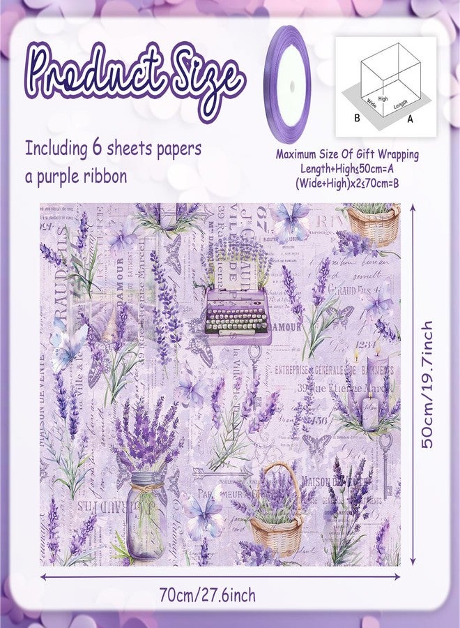 Unigift Purple Lavender Gift Wrapping Paper,6 Folded Flat Flower Butterfly Gift Wrap Paper Floral Stripes Wrapping Paper with Ribbon for Kids Bridal Shower Wedding Birthday Party Gift Wrap,20x28 inch - Image 2
