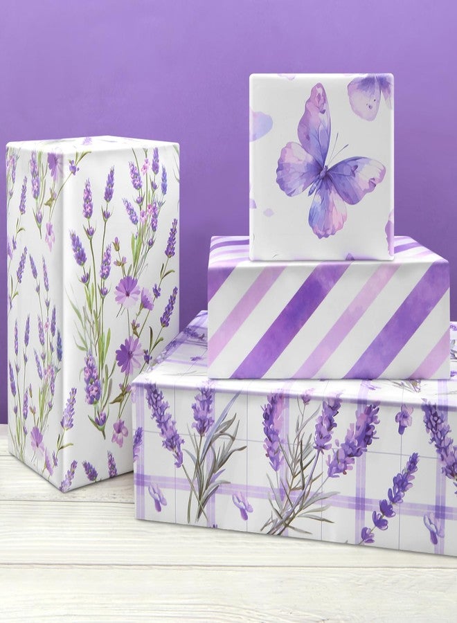 Unigift Purple Lavender Gift Wrapping Paper,6 Folded Flat Flower Butterfly Gift Wrap Paper Floral Stripes Wrapping Paper with Ribbon for Kids Bridal Shower Wedding Birthday Party Gift Wrap,20x28 inch - Image 4