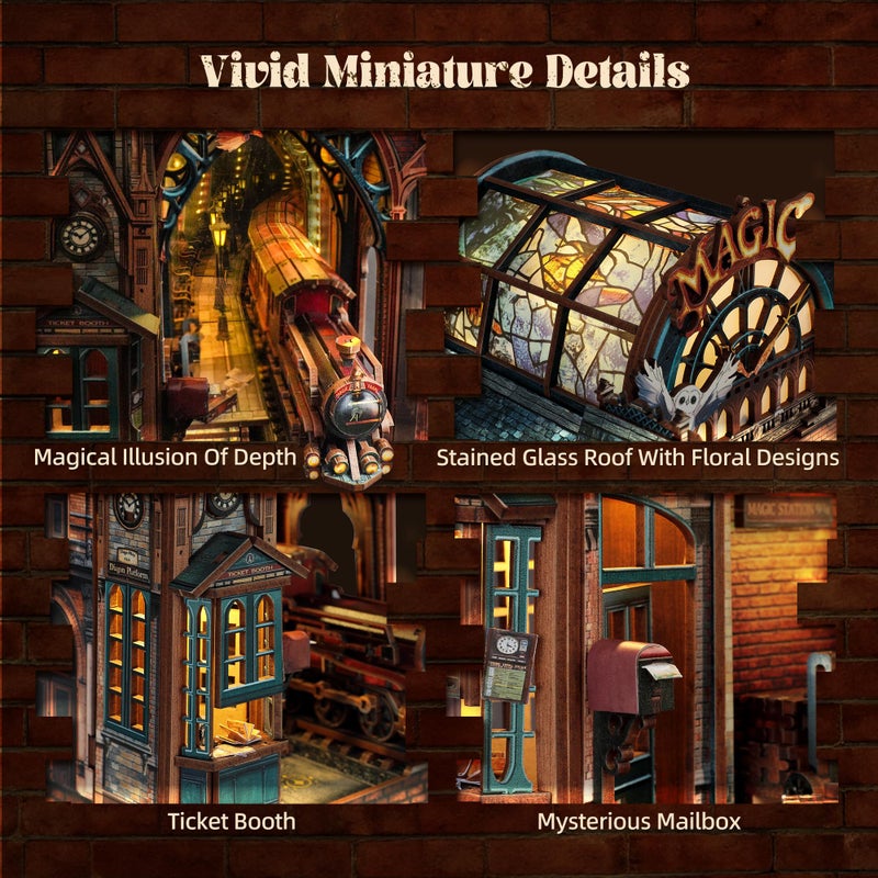 FUNPOLA LED 3D Puzzle Magic Station Book Nook Kit - Interactive 3D Wood Puzzle LED Magical Miniature with Infinite Extension Space - DIY Bookshelf Insert Decor Gifts(Magic Station) - Image 3