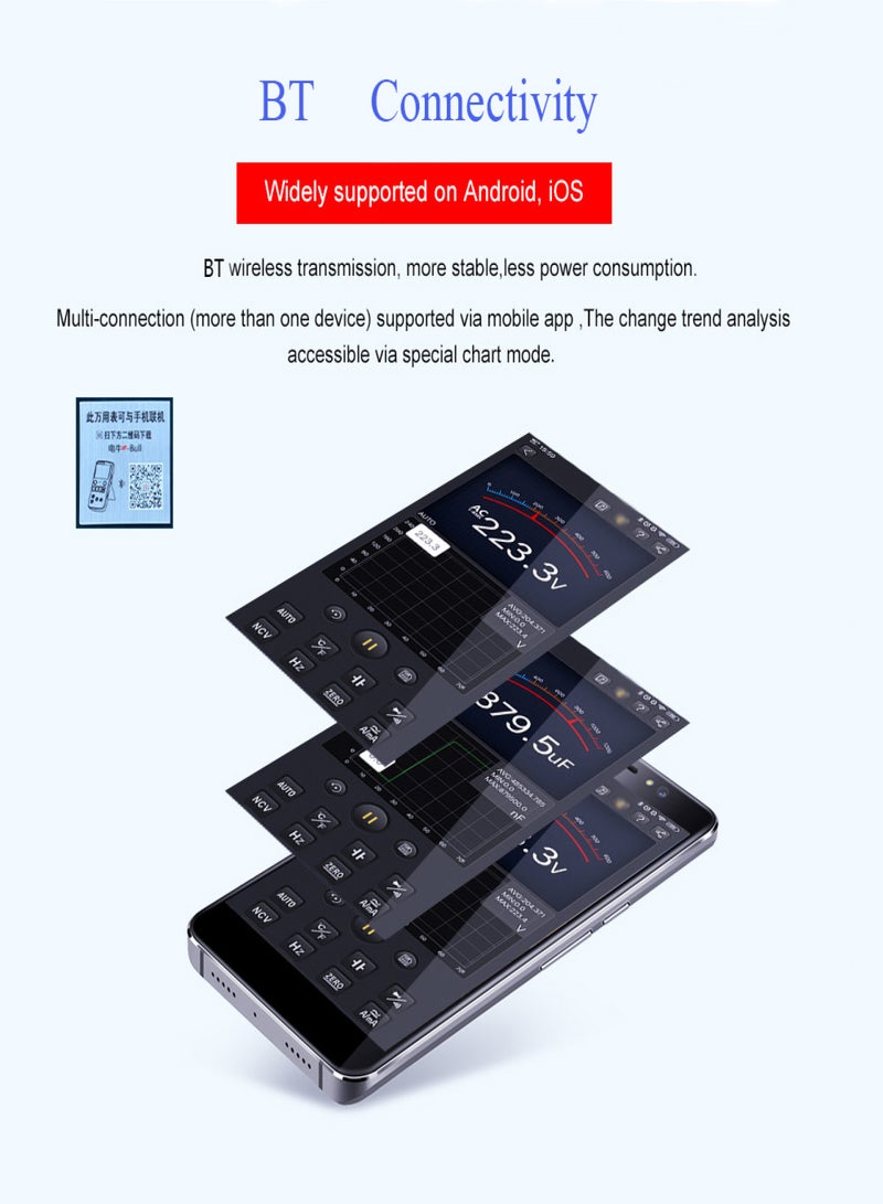 بي سايد مقياس متعدد BSIDE، نطاق تلقائي/يدوي، مقياس عالمي رقمي، 6000 عداد، شاشة LCD، RMS حقيقي، مقياس ذكي للجهد والتيار المتردد/المستمر مع وظيفة BT، جهد التيار المتردد/المستمر، المقاومة، السعة، التردد، درجة الحرارة، قياس دورة العمل - Image 5