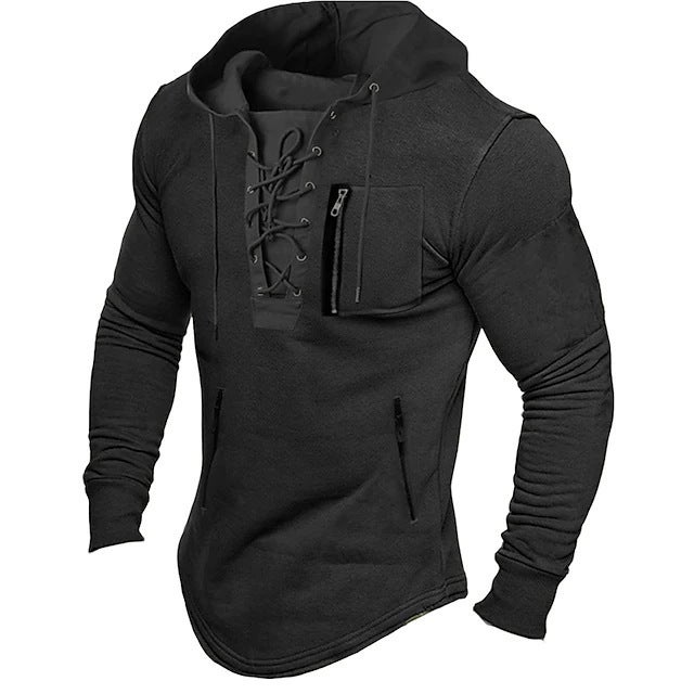 Generic 2024 Mens Spring and Autumn Hoodie Solid Color Lace-up Zipper Pocket Sports Streetwear Bronzing Sweatshirt Black