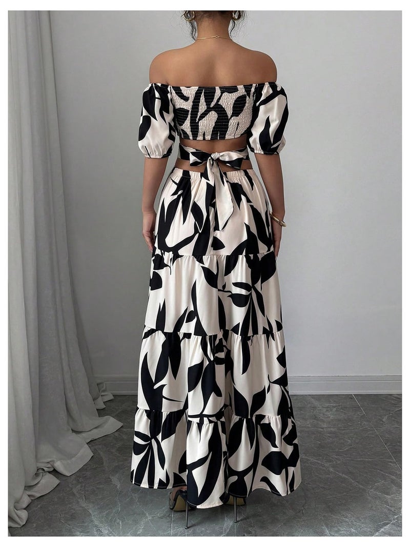 MakeMeChic Women's Off The Shoulder Maxi Dress Cut Out Backless Ruffle Short Sleeve Shirred Summer Dresses Multicolor Medium - Image 2