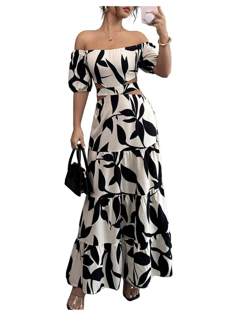 MakeMeChic Women's Off The Shoulder Maxi Dress Cut Out Backless Ruffle Short Sleeve Shirred Summer Dresses Multicolor Medium - Image 1