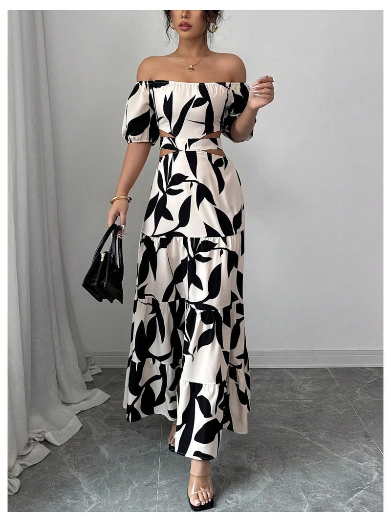 MakeMeChic Women's Off The Shoulder Maxi Dress Cut Out Backless Ruffle Short Sleeve Shirred Summer Dresses Multicolor Medium - Image 3