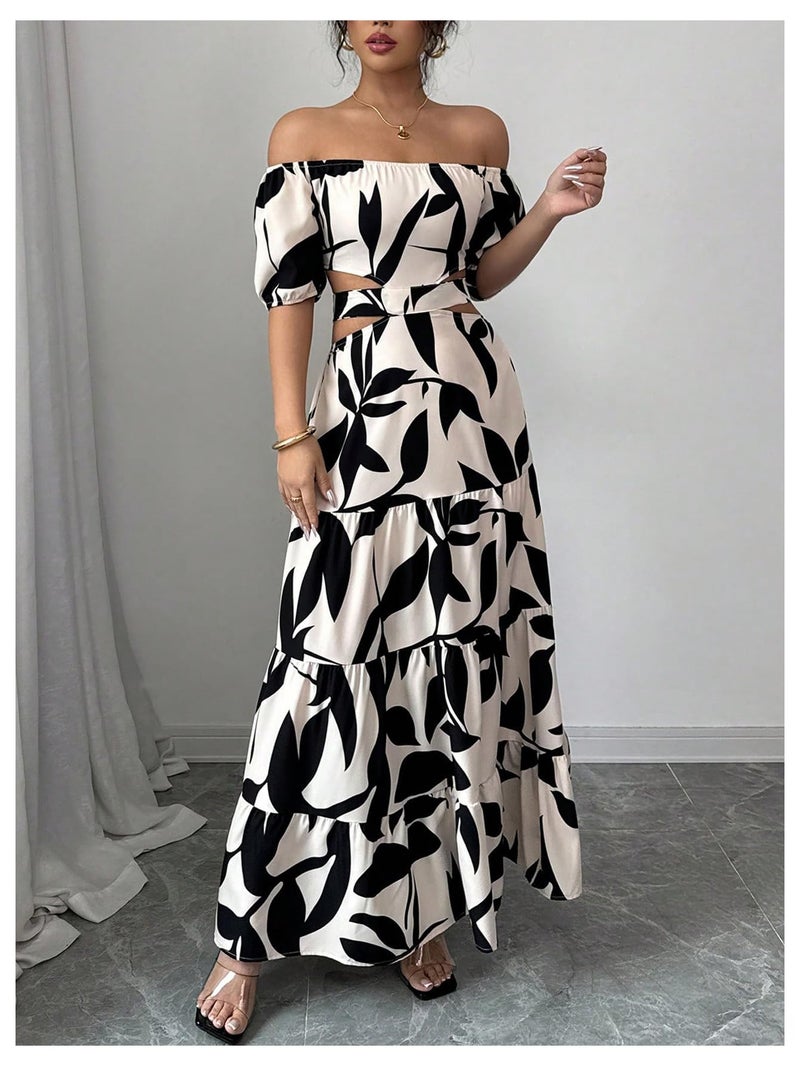 MakeMeChic Women's Off The Shoulder Maxi Dress Cut Out Backless Ruffle Short Sleeve Shirred Summer Dresses Multicolor Medium - Image 4