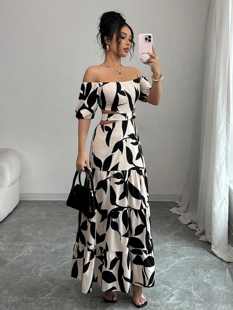MakeMeChic Women's Off The Shoulder Maxi Dress Cut Out Backless Ruffle Short Sleeve Shirred Summer Dresses Multicolor Medium - Image 5