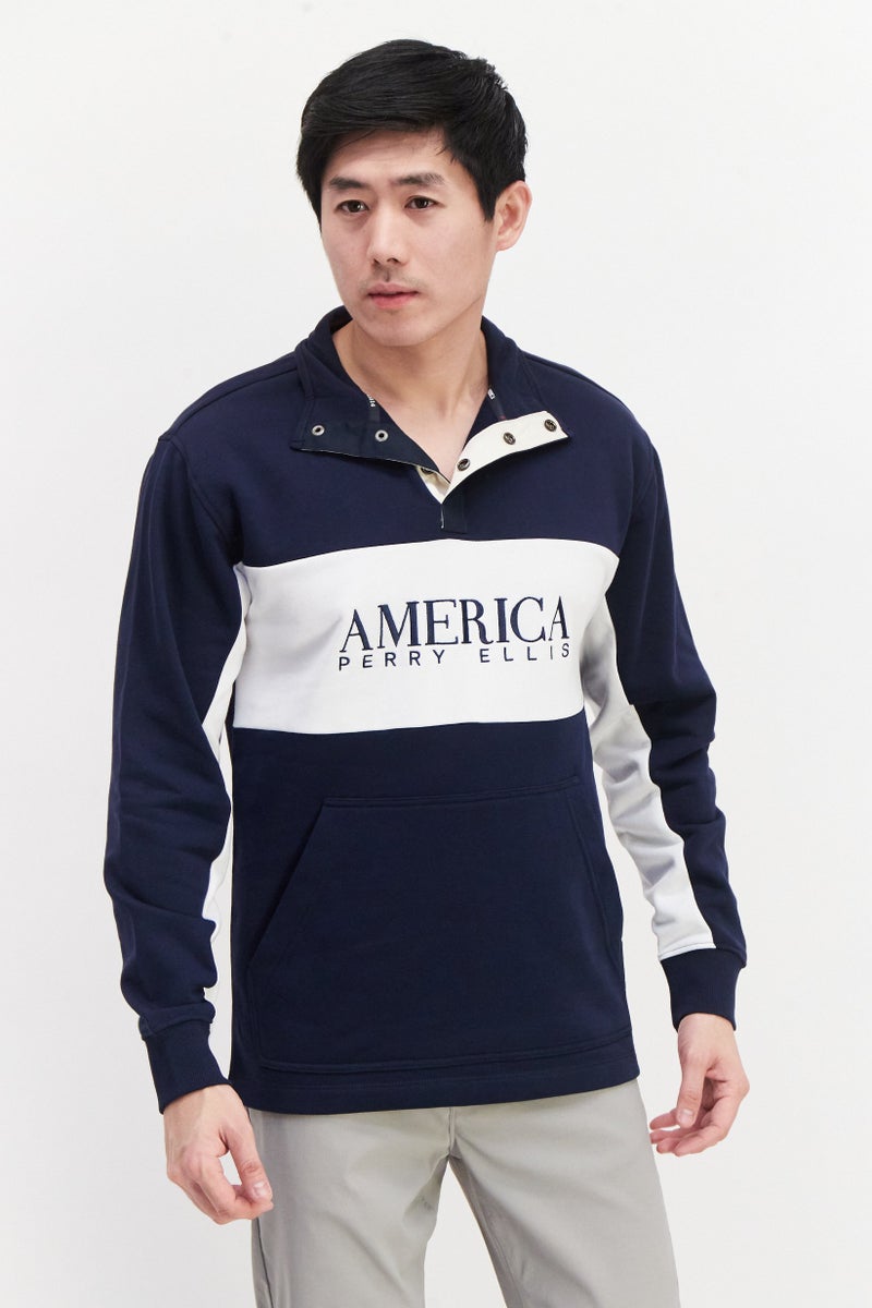 PERRY ELLIS Men Embroidered Long Sleeve Sweatshirt, Navy - Image 1