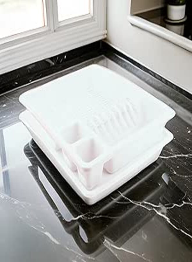 Ecoplast eco PLAST Plastic Dish Drainer Rack with Cutlery Holders, Draining Base Tray, 47 x 38 x 9 cm