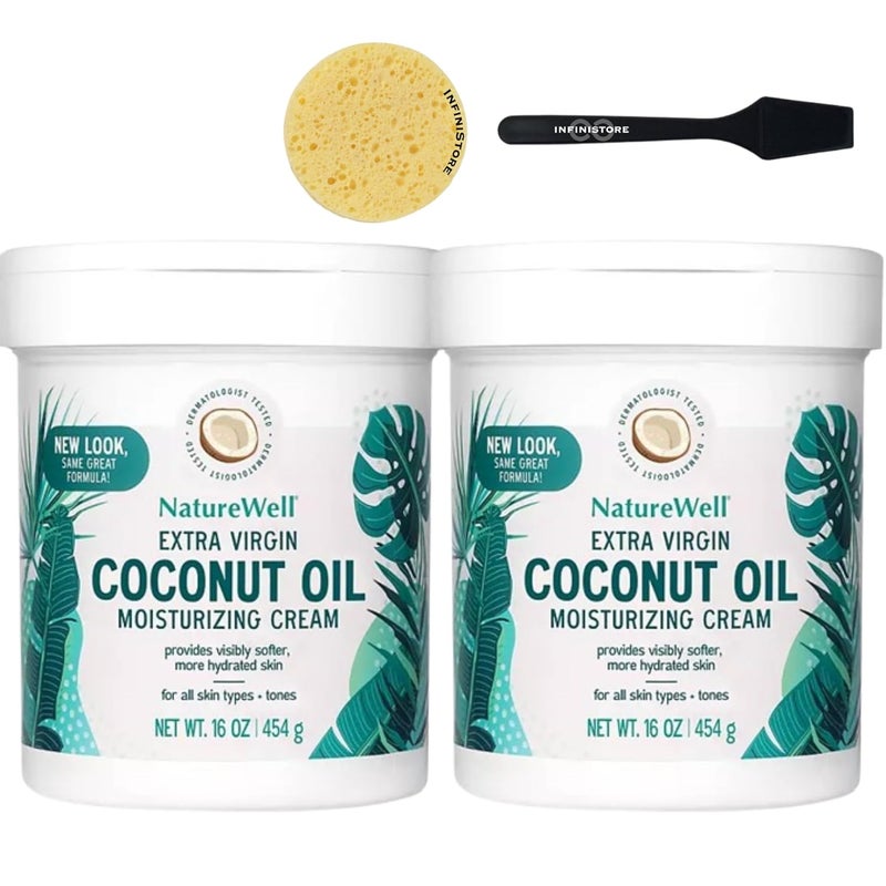 InfiniStore Mini Cosmetic Spatula  Gentle Exfoliating Sponge Bundle with   Extra Virgin Coconut Oil Moisturizing Cream 16oz Each  All Skin Types For Softer  Hydrated Skin 2