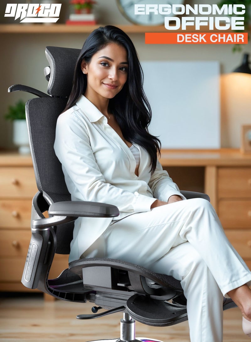 DROGO Ergonomic Office Chair for Work from Home, Computer Chair for Study with Breathable Mesh, Adjustable Seat, 5 level Adjustable Backrest, 6D Armrest, 4D Headrest & Lumbar Support | Gaming Chair with Footrest & Recline Black - Image 2