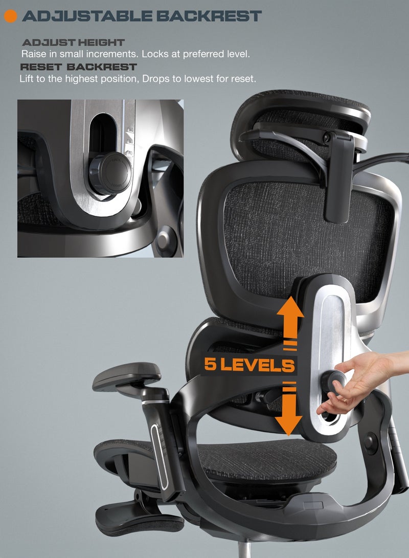 DROGO Ergonomic Office Chair for Work from Home, Computer Chair for Study with Breathable Mesh, Adjustable Seat, 5 level Adjustable Backrest, 6D Armrest, 4D Headrest & Lumbar Support | Gaming Chair with Footrest & Recline Black - Image 4