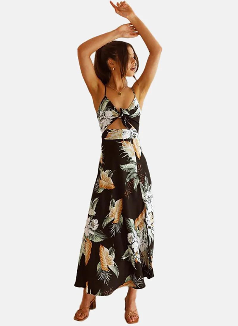 يونيكي Black Floral Print Shoulder Straps Maxi Dress