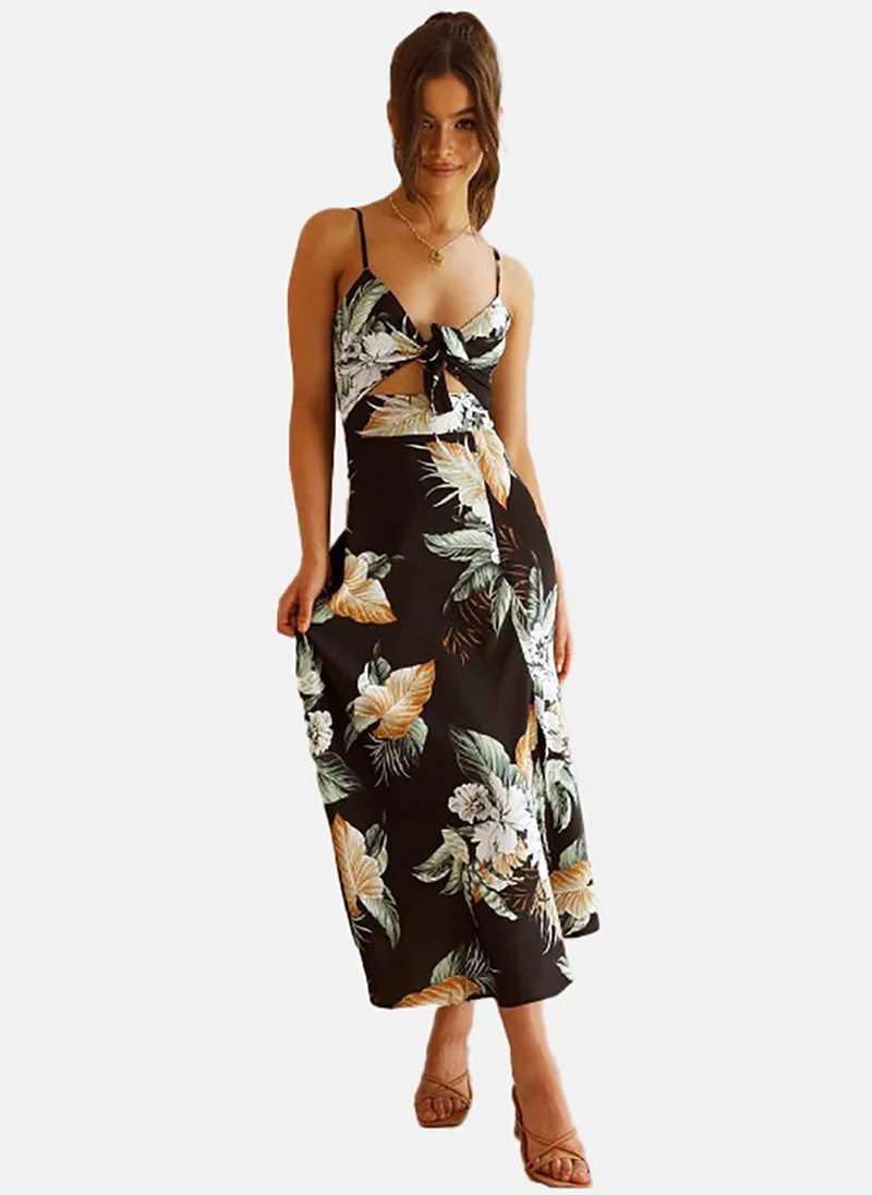 YUNIQEE Black Floral Print Shoulder Straps Maxi Dress