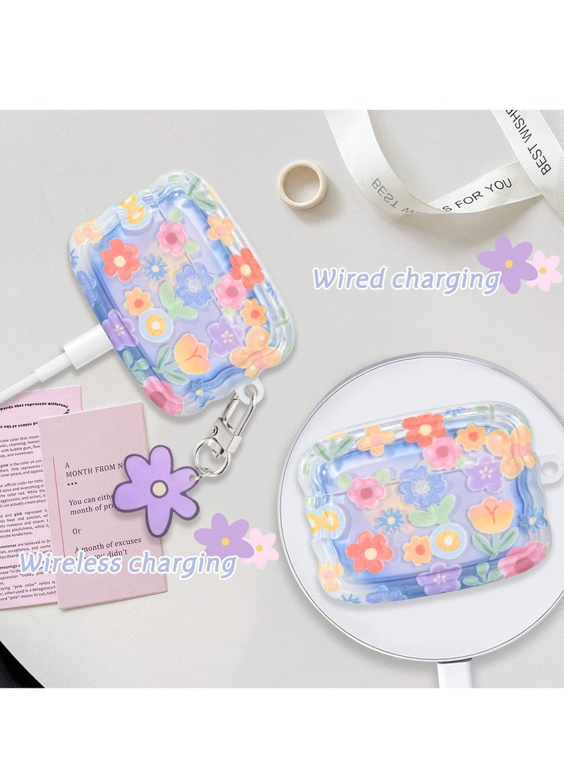 Excefore - Cute Flower Pattern for AirPods Pro 2 Case Cover for Girls and Women, Wave Frame Soft TPU Shockproof Full Protection with Keychain, Compatible with AirPods Pro 2nd Generation, Stylish and Durable - Image 1