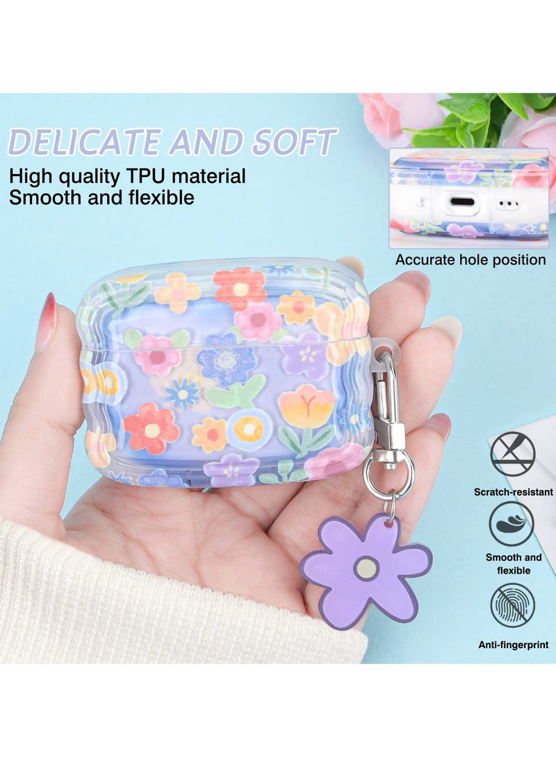 Excefore - Cute Flower Pattern for AirPods Pro 2 Case Cover for Girls and Women, Wave Frame Soft TPU Shockproof Full Protection with Keychain, Compatible with AirPods Pro 2nd Generation, Stylish and Durable - Image 1