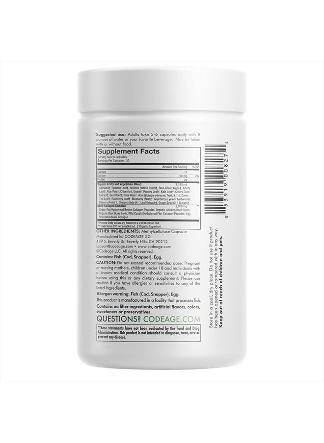 Codeage Multi Collagen Protein + Organic Raw Greens Superfood Capsules Supplement, 21 Fruits & Veggies, Grass-Fed Hydrolyzed Collagen Peptides, 5 Types All-in-One, 180 Count  - Image 2