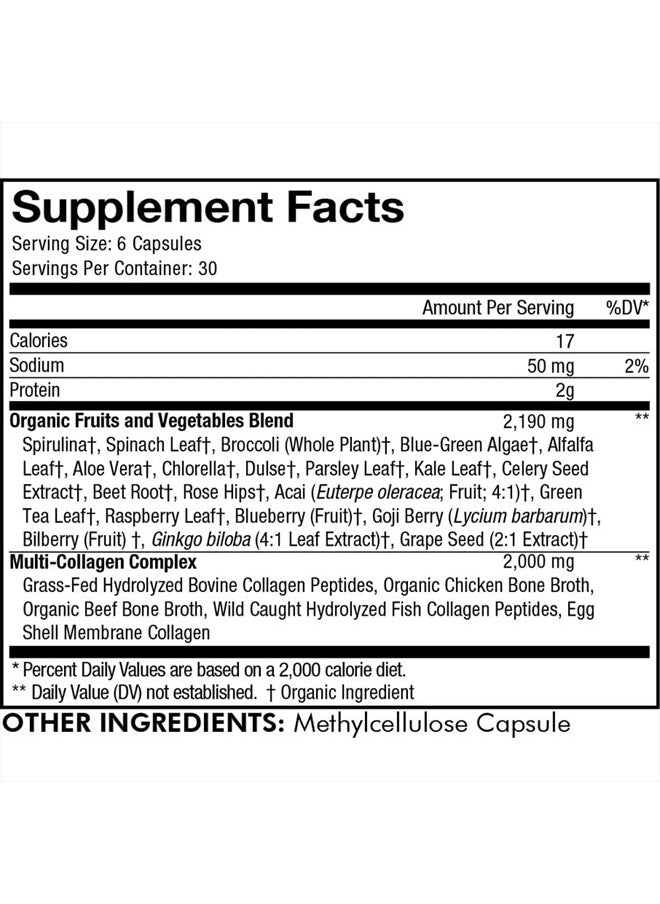 Codeage Multi Collagen Protein + Organic Raw Greens Superfood Capsules Supplement, 21 Fruits & Veggies, Grass-Fed Hydrolyzed Collagen Peptides, 5 Types All-in-One, 180 Count  - Image 4
