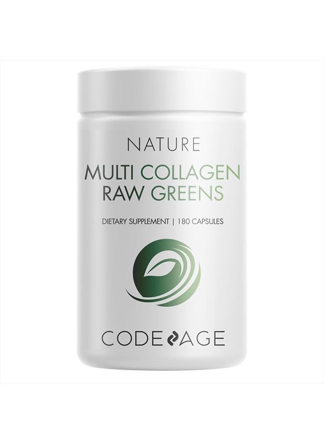 Codeage Multi Collagen Protein + Organic Raw Greens Superfood Capsules Supplement, 21 Fruits & Veggies, Grass-Fed Hydrolyzed Collagen Peptides, 5 Types All-in-One, 180 Count  - Image 1