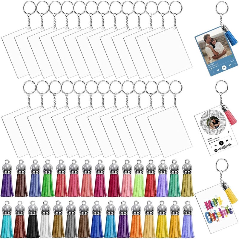 96 PCS Acrylic Keychain Blanks Tassel Set Including 24 Clear Rectangle Acrylic Blanks 2x3 Inch 24 Keychain Tassels 24 Key Chain Rings and 24 Jump Rings for DIY Song Keychains Custom Vinyl