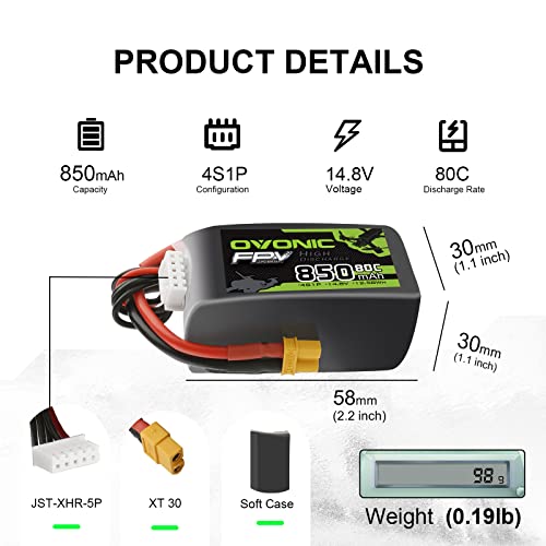OVONIC 80C 4S 850mAh Lipo Battery 14.8V with XT30 Plug for Cinewhoops 2pcs - Image 2