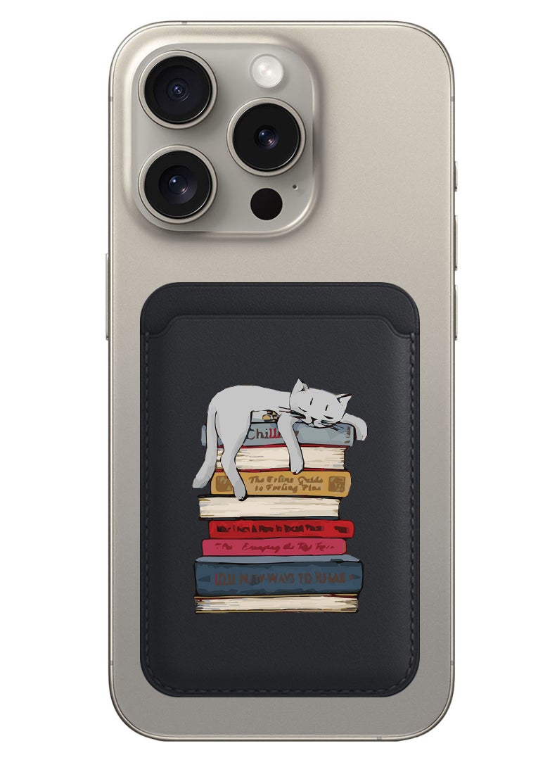Theodor Magnetic Wallet, Compatible with MagSafe Wallet, for iPhone Wallet, for iPhone 16/15/14/13/12 Series, Not for iPhone 13/12 mini, 3 Card Holder, Vegan Leather, Black - Cat on books - Image 1