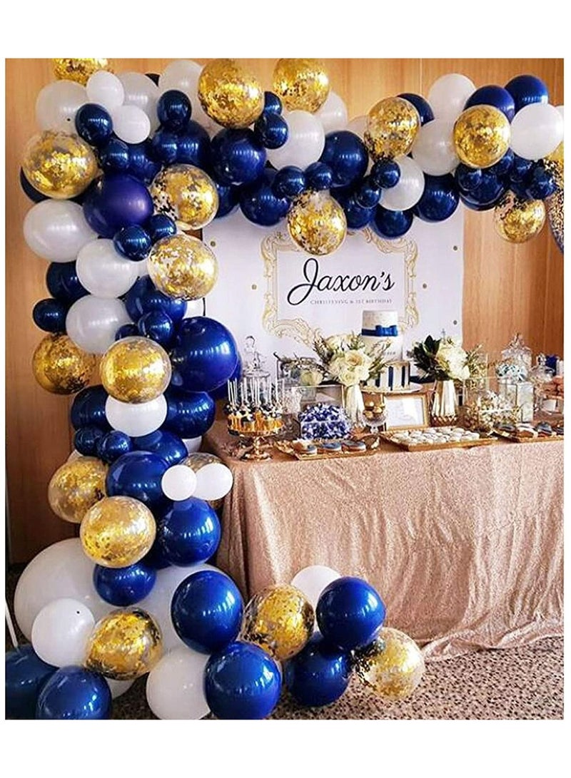 JOLLITY LLC طقم قوس جارلاند من البالونات الملونة باللون الأزرق الداكن والأبيض الذهبي، 5 قطع، 12 بوصة، ديكورات أعياد الميلاد والخطوبة وحفلات الزفاف وحفلات استقبال المولود الجديد وحفلات رواد الفضاء والمجرة (129 قطعة) - Image 1