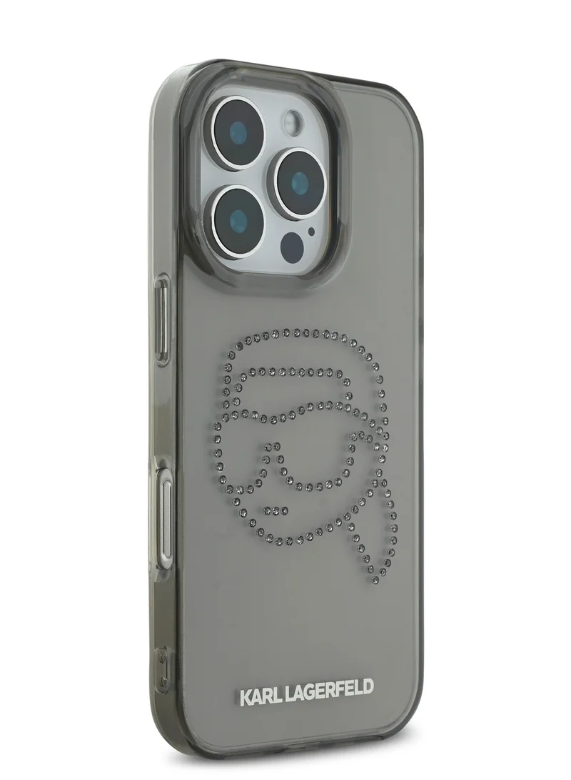 Karl Lagerfeld iPhone 16 Pro Case IML Hard Cover with Karl Head Stud Design Logo / Slim Profile/ Drop Protection/ Easy Snap-On - Black