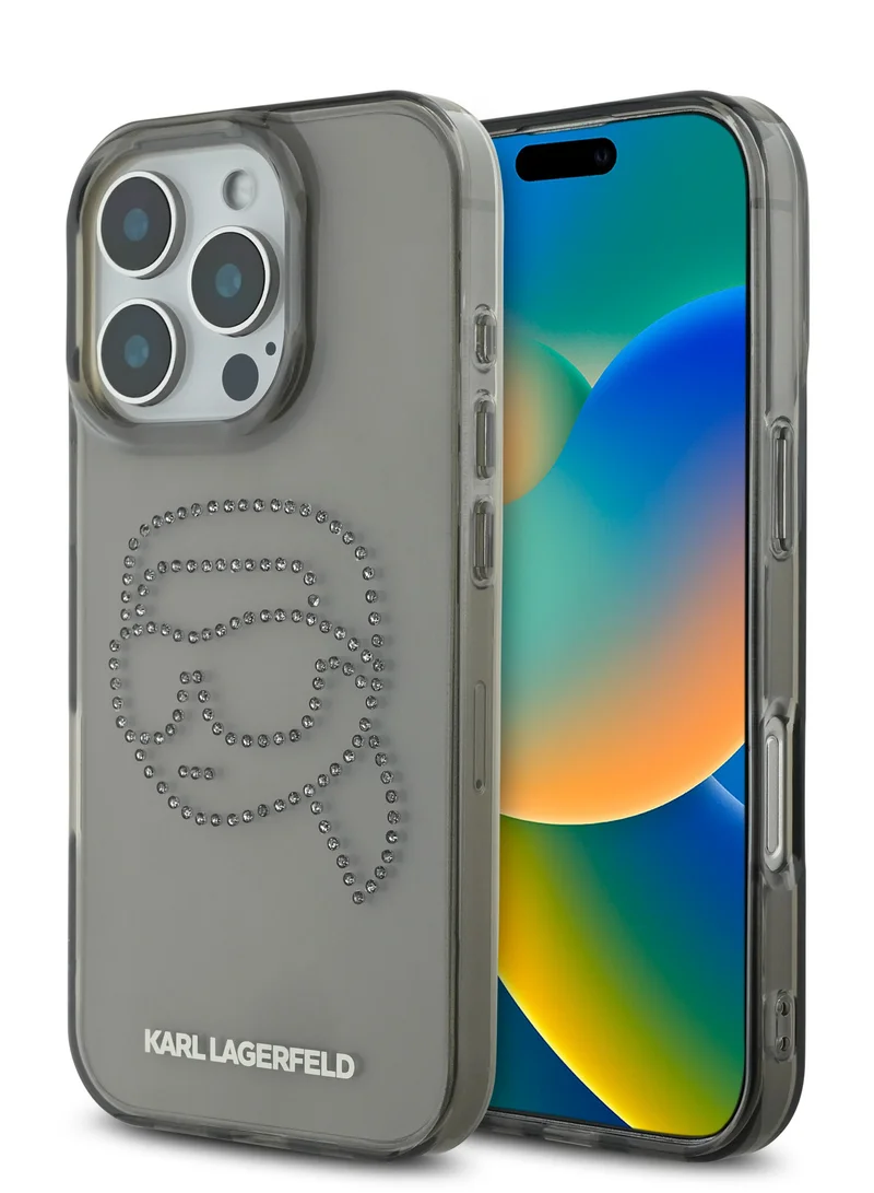 Karl Lagerfeld iPhone 16 Pro Case IML Hard Cover with Karl Head Stud Design Logo / Slim Profile/ Drop Protection/ Easy Snap-On - Black