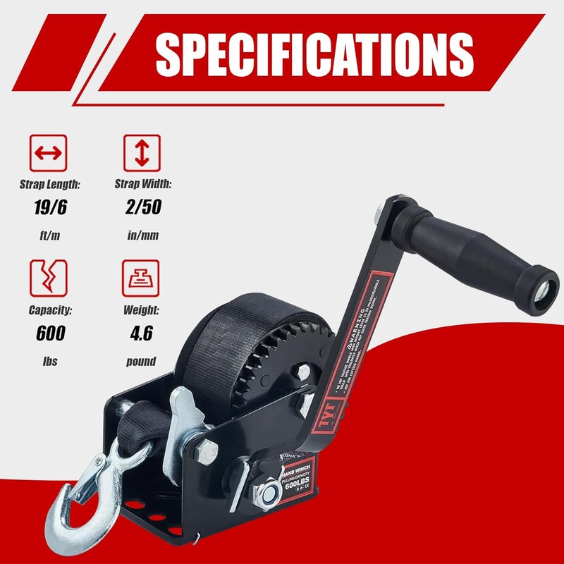 TYT 600LB Boat Trailer Winch with Black Polyester Strap, Anti-Slip Handle Crank Gear Hand Winch, Portable Two-Way Ratchet Forward & Backward Manual Rope Winch for ATV UTV Jet Ski Trailer Small Winch - Image 2
