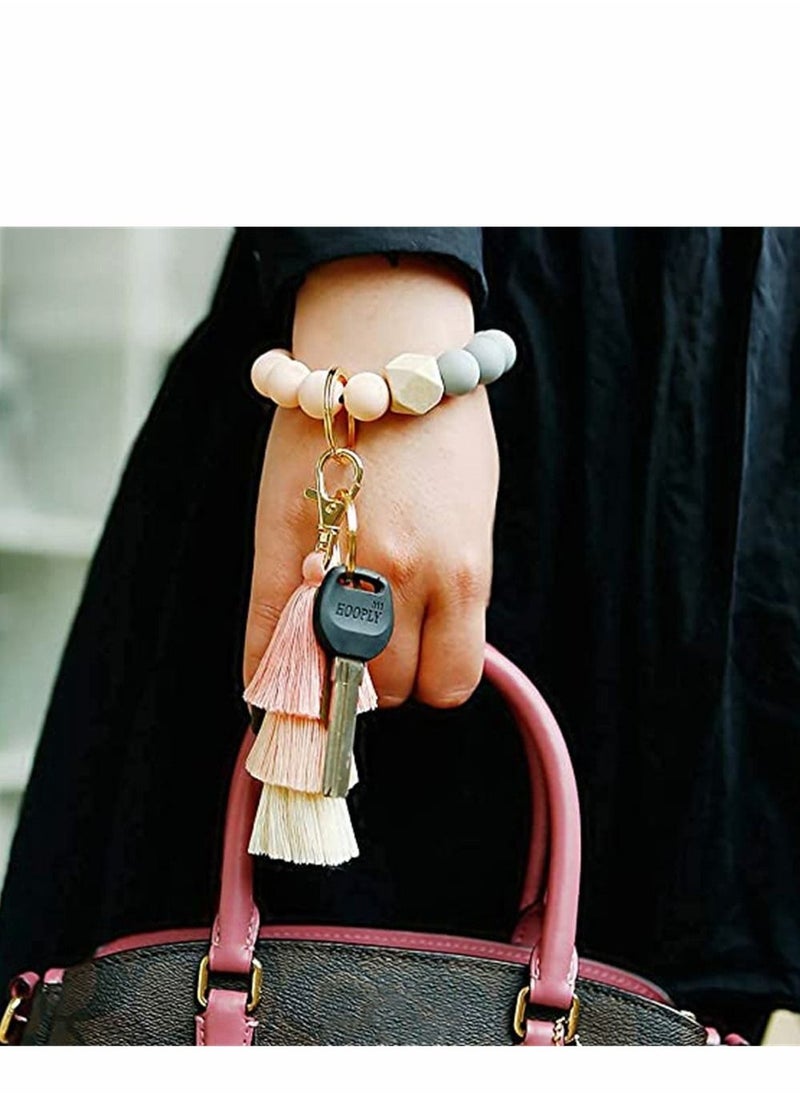 Bracelet Keychain Wristlet, Cute Silicone Bead Key Ring Bracelet, Womens Tassels Key Chain Ring Accessories, Portable Bangle Tassel Car Keys Ring Holder, for Women and Girls - Image 2