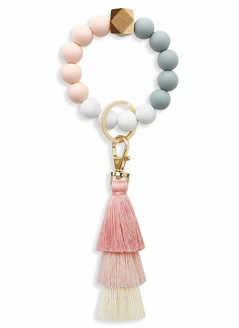Bracelet Keychain Wristlet, Cute Silicone Bead Key Ring Bracelet, Womens Tassels Key Chain Ring Accessories, Portable Bangle Tassel Car Keys Ring Holder, for Women and Girls - Image 1