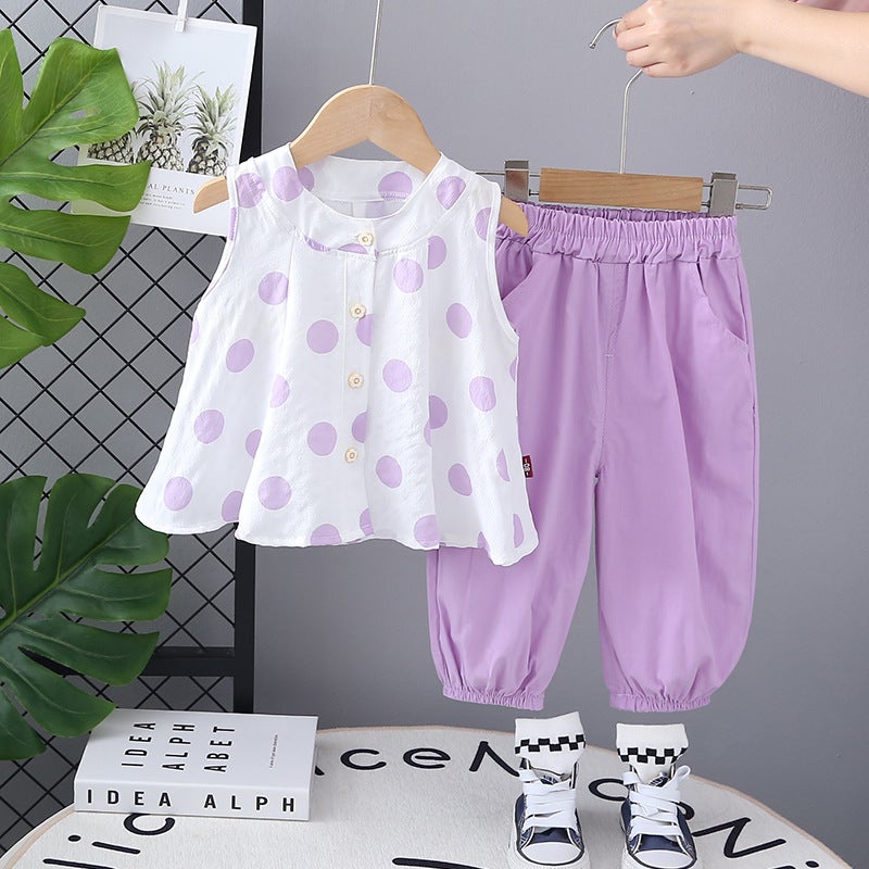 Childrens Summer polka dot sleeveless vest skirt shirt suit 2025 new girls summer western style two-piece childrens clothing Purple