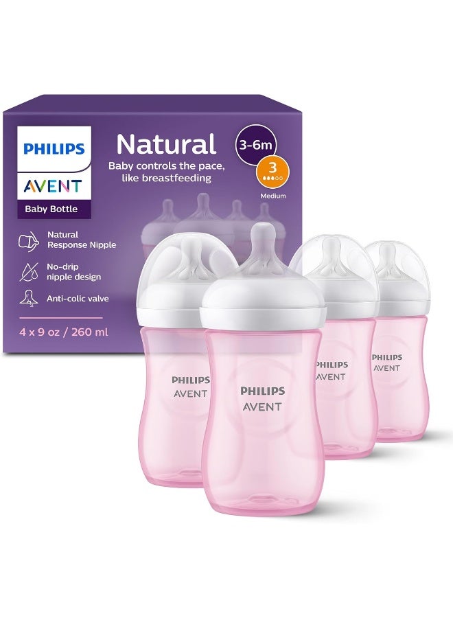 Avent Philips Avent Natural Baby Bottle with Natural Response, Pink, 9oz, 4pk - Image 1